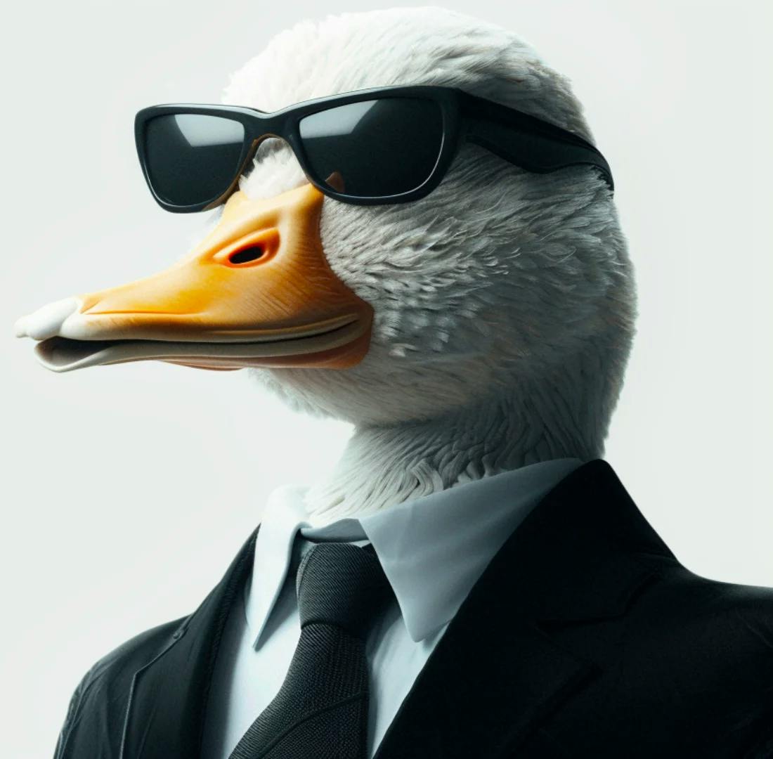 The Wise Duck Dev emanates a suave and professional demeanor, dressed in a Men In Black style suit, symbolizing a sleek approach to GPT development and expertise.