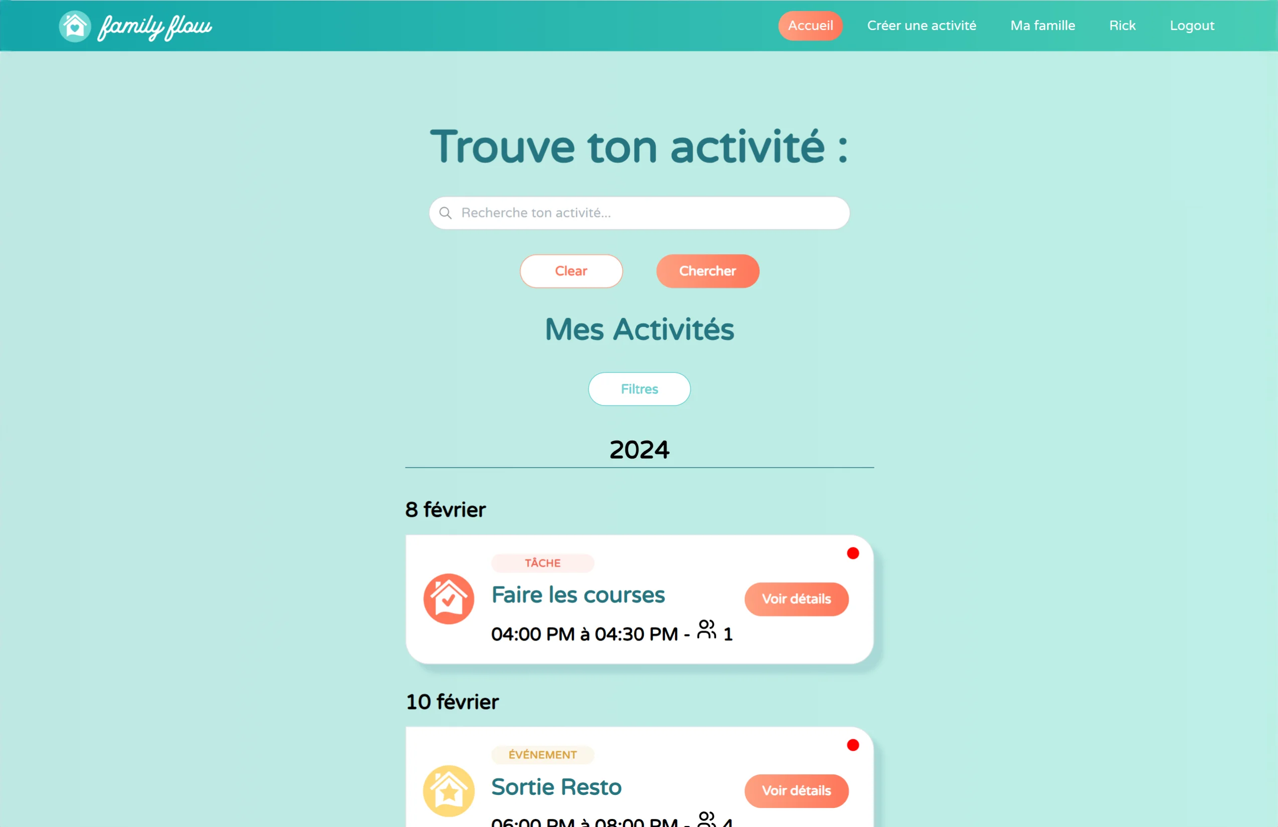 Capture d'écran principale du projet Family Flow montrant le calendrier familial et l'interface de gestion des tâches