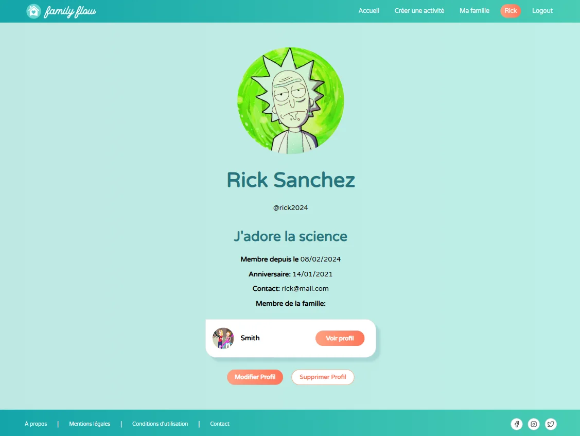 Family Flow Project screenshot showing the interface of a user profile with avatar customization
