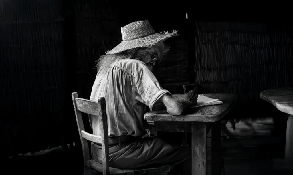Image de profil du projet Jean L'écrivain montrant un vieil homme écrivant un roman sur une table en bois.