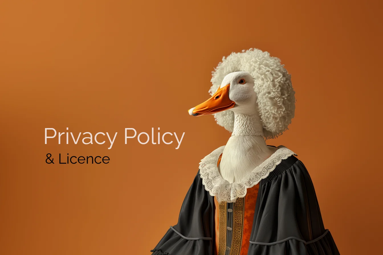 Portrait of a dignified duck in judge's robes and a white curly wig, symbolizing authority and privacy protection on Wise Duck Dev's Privacy Policy page.