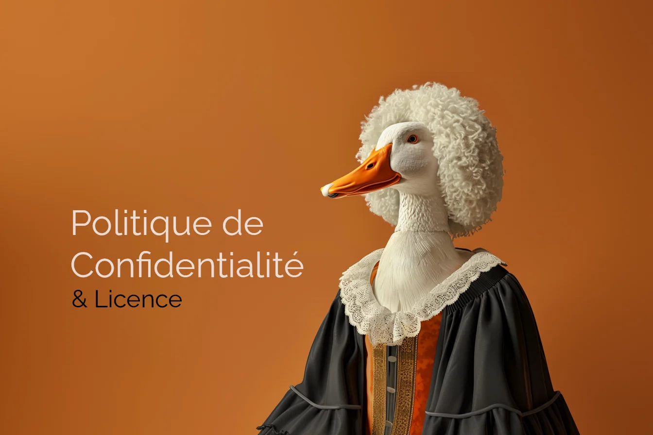 Portrait d'un canard digne en robe de juge et perruque bouclée blanche, symbolisant l'autorité et la protection de la vie privée sur la page de Politique de Confidentialité de Wise Duck Dev.