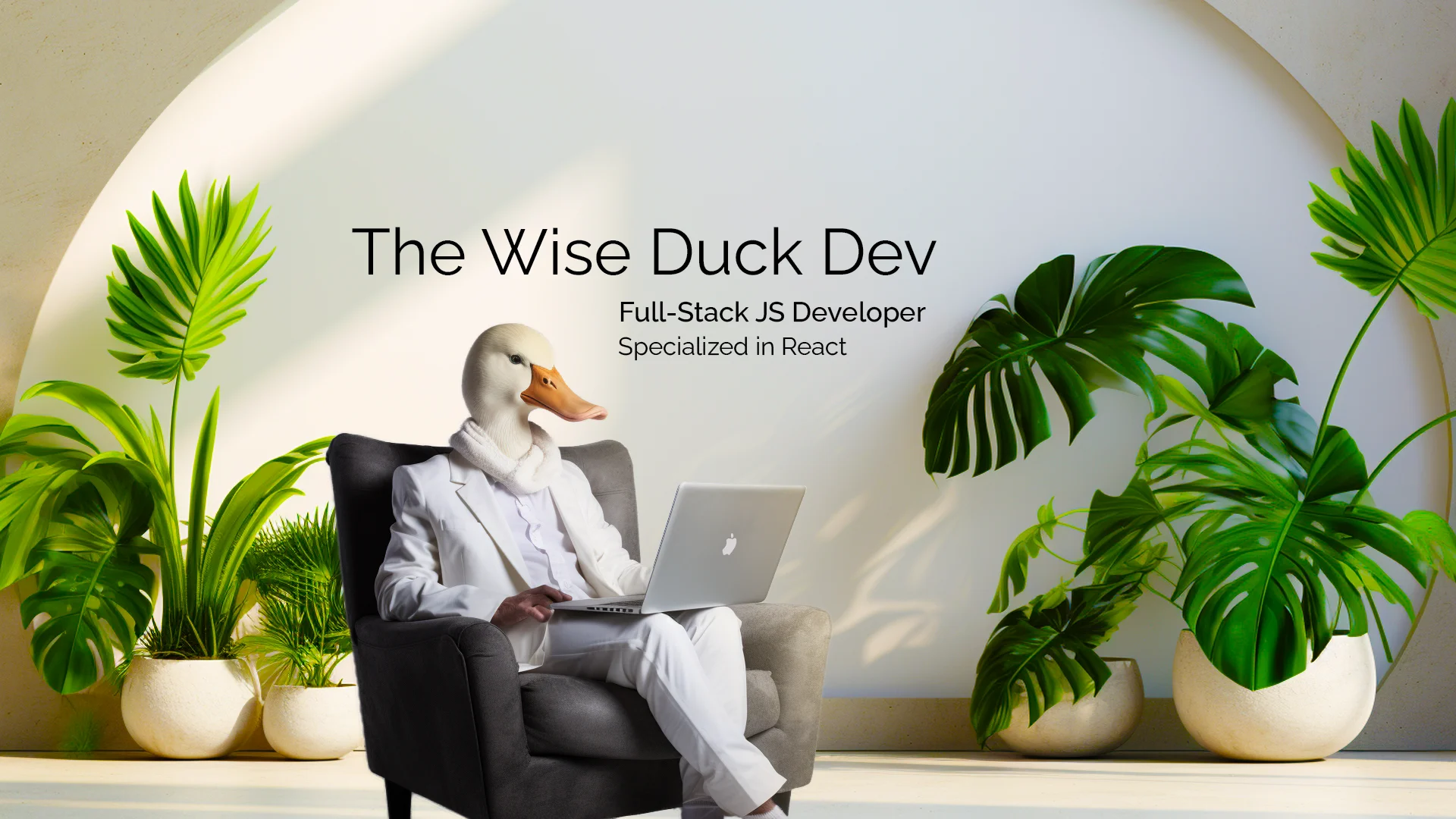 Certified Full Stack JavaScript Web and Web Mobile Developer Wise Duck Dev, specialized in React, coding on laptop in modern office setup with green plants