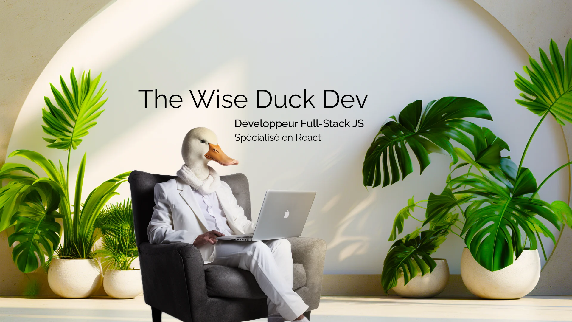 Développeur Web et Web Mobile Full Stack JavaScript certifié Wise Duck Dev, spécialisé en React, codant sur un ordinateur portable dans un bureau moderne avec des plantes vertes