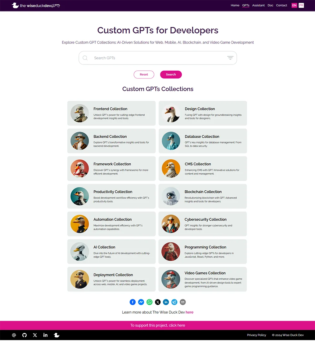 The Wise Duck Dev GPTs Project screenshot showing the collections page of the website