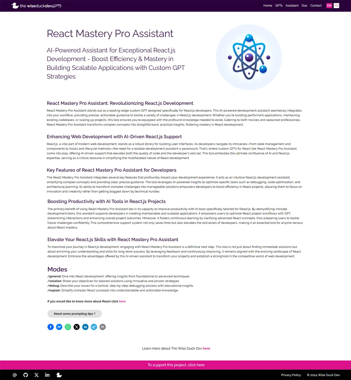 Capture d'écran du projet The Wise Duck Dev GPTs montrant la page de profil du GPT personnalisé React Assistant du site web