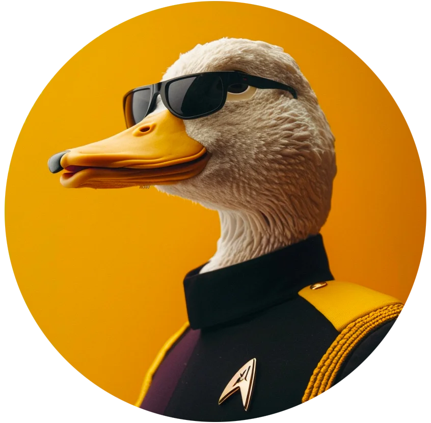 Le Wise Duck Dev revêt l'uniforme d'un commandant de Starfleet, symbolisant le contrôle et l'efficacité de l'automatisation dans les systèmes et processus pilotés par GPT.