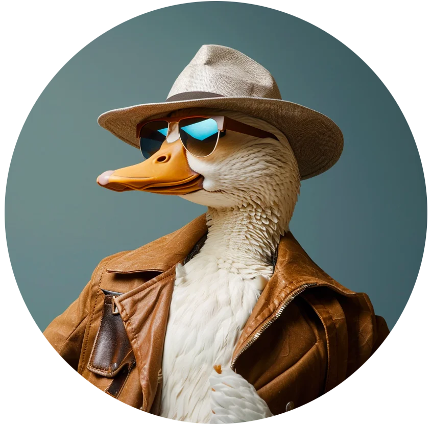 Le Wise Duck Dev en tant qu'aventurier chevronné, symbolisant l'expertise en technologie backend, compétent en développement côté serveur et d'API REST.