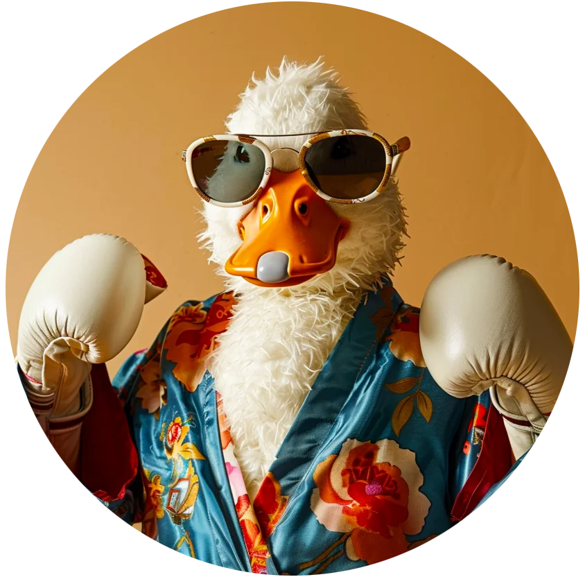 The Wise Duck Dev geared up as a boxer, symbolizing the strength and resilience required for cybersecurity in protecting GPT-enhanced systems.