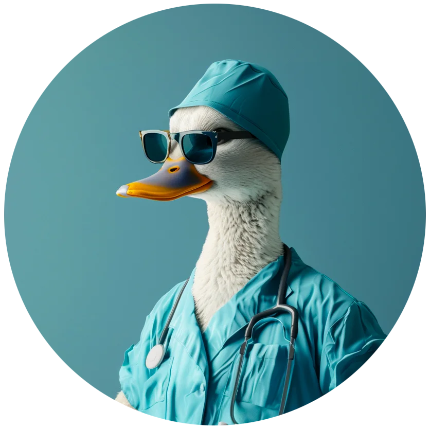 The Wise Duck Dev clad as a meticulous surgeon, representing precision and expertise in database technologies and data management for GPTs.