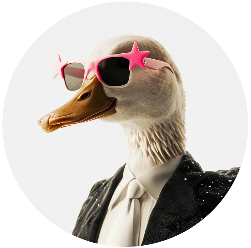 Le Wise Duck Dev arborant des lunettes de soleil chic en forme d'étoile, incarnant l'essence créative et élégante du design dans le développement UI/UX amélioré par GPT.