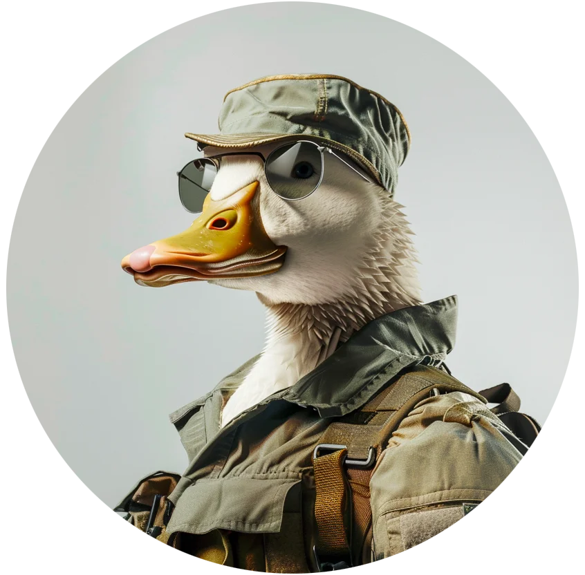 Le Wise Duck Dev habillé en soldat, incarnant l'esprit de maîtrise de la technologie frontend, avec un accent sur JavaScript, React et le développement web amélioré par l'IA grâce à des GPT spécialisés.